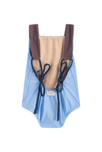 Load image into Gallery viewer, Joy sustainable kids sky blue swimsuit with adjustable brown straps back view