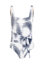 Load image into Gallery viewer, Lotus swimsuit Blue and white pattern – sustainable blue and white one piece swimsuit front view