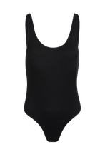Load image into Gallery viewer, Moss swimsuit Black ribb – sustainable black ribbed one piece swimsuit front view