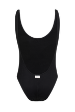 Load image into Gallery viewer, Sustainable black ribbed one piece swimsuit Moss – back design