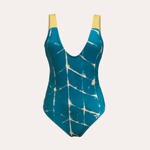 Load image into Gallery viewer, Erin swimsuit | Blurred lines Teal . Light gold shine
